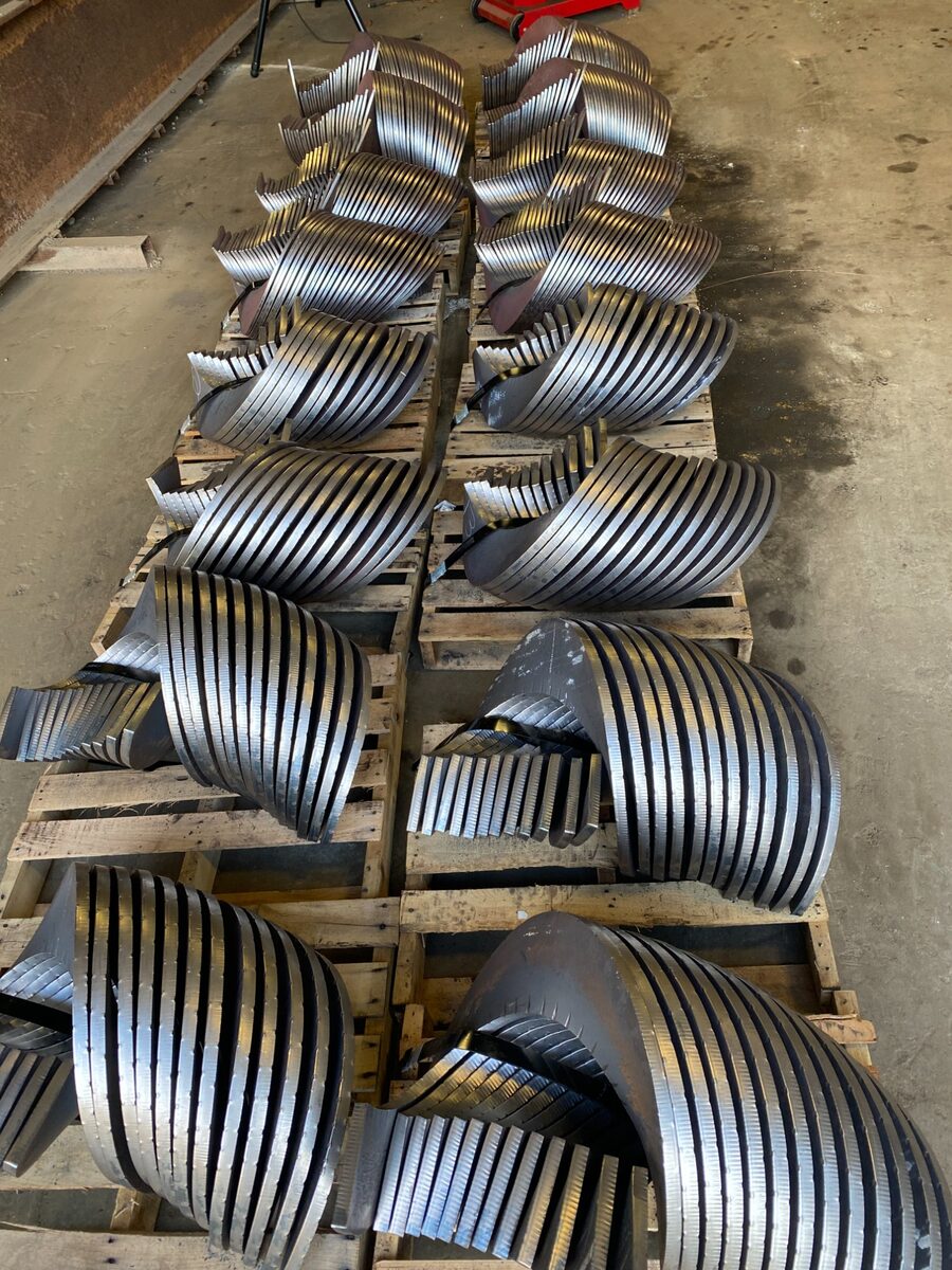 Overhead view of formed flights on pallets